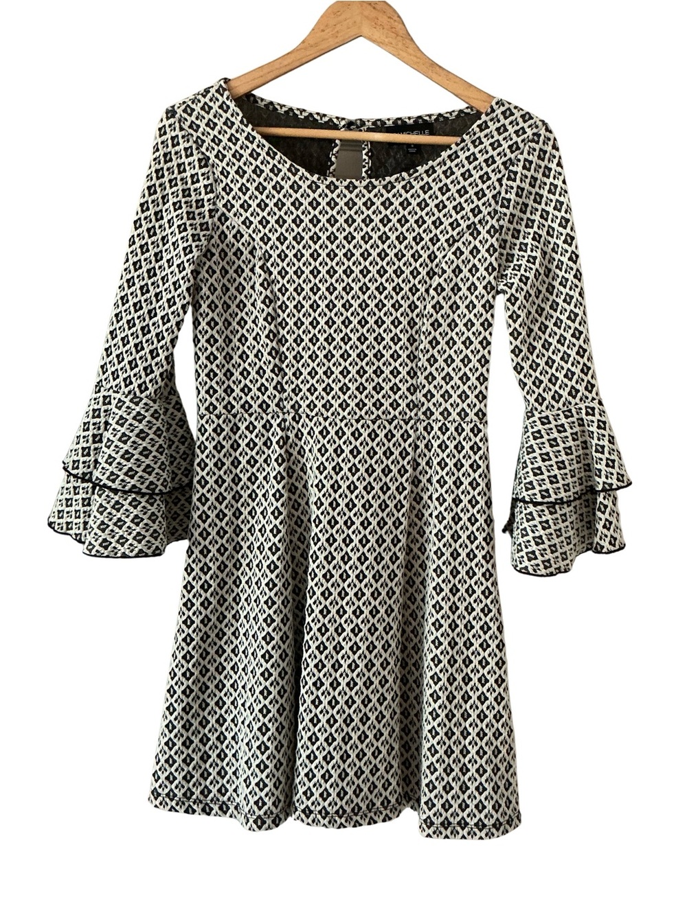 My Michelle Black and White Patterned Bell-Sleeve Fit-and-Flare Dress
